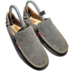 Women's OluKai Nohea Gray Suede Slip On Loafers Comfort Flats Floral Embroidered